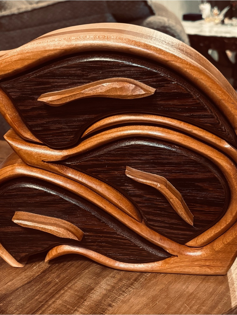 Artisan Carved Wooden Box in Two-Tone Brown